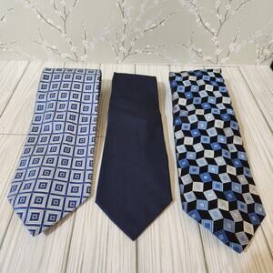 Bachrach Lot of 3‎ Blue Geometric Solid 100% Silk Men's Tie